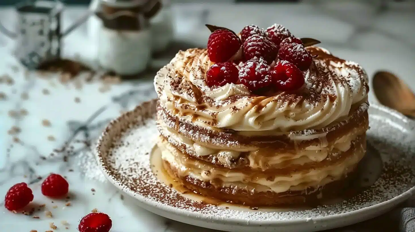 A delectable slice of Spartak Cake showcasing rich layers of chocolate and cream.