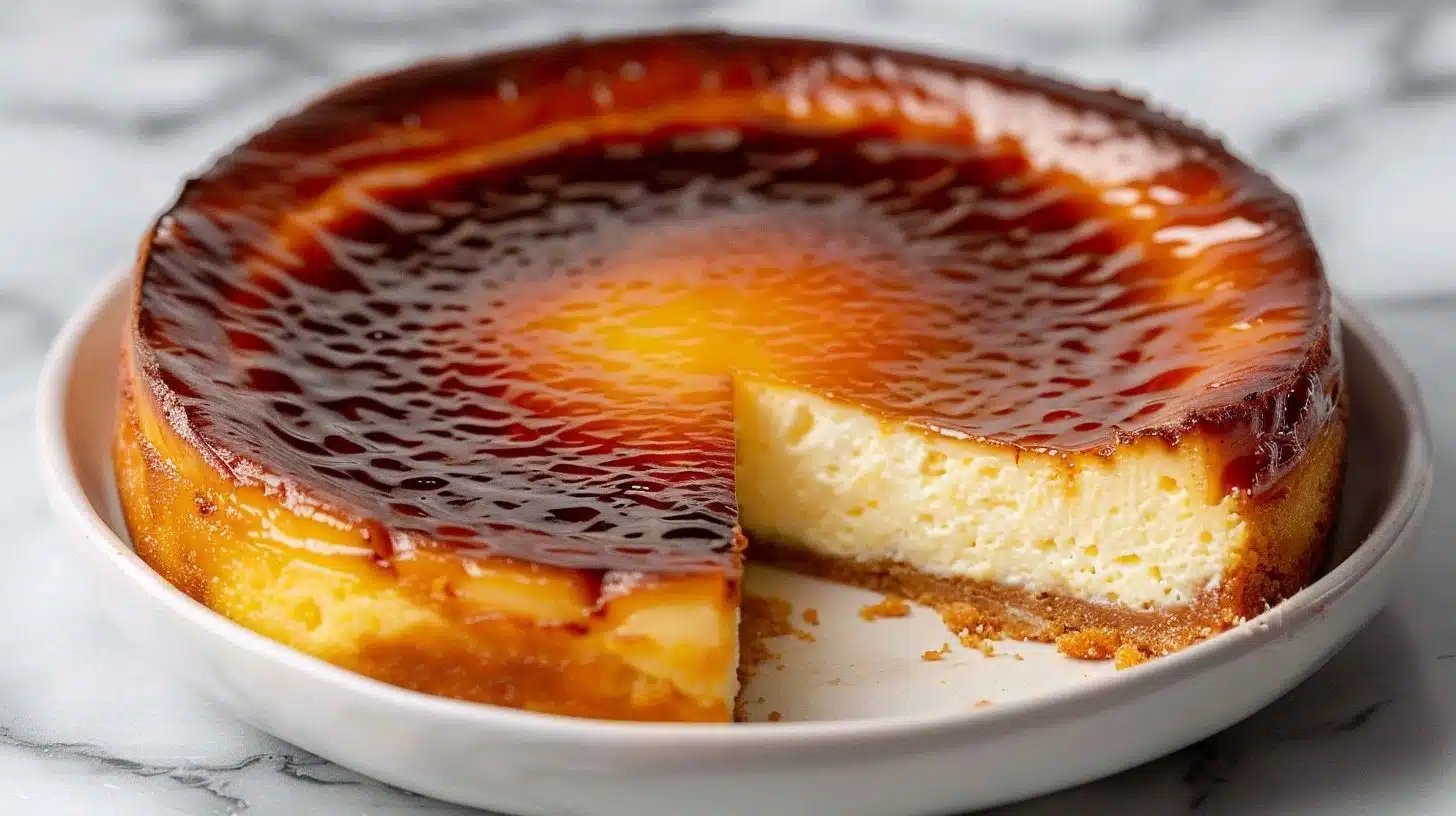 Slice of Basque Burnt Cheesecake with a caramelized top and creamy texture