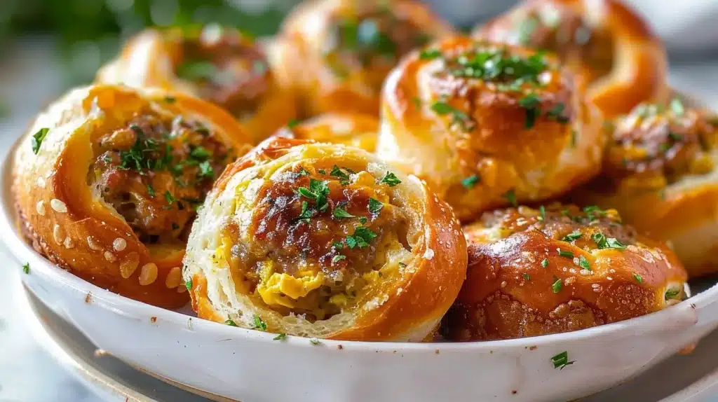 Sausage egg breakfast rolls served on a plate with herbs