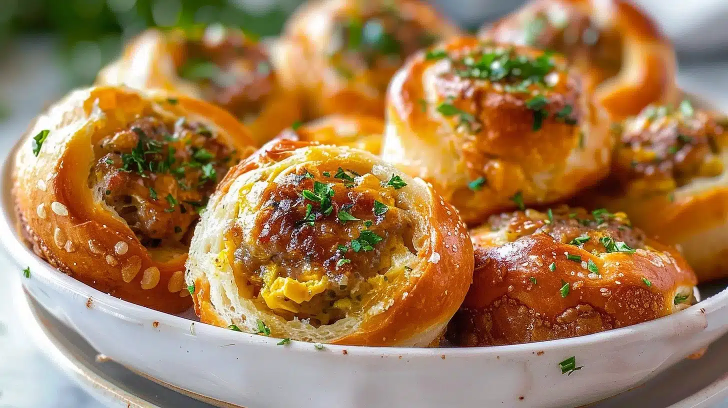 Sausage egg breakfast rolls served on a plate with herbs