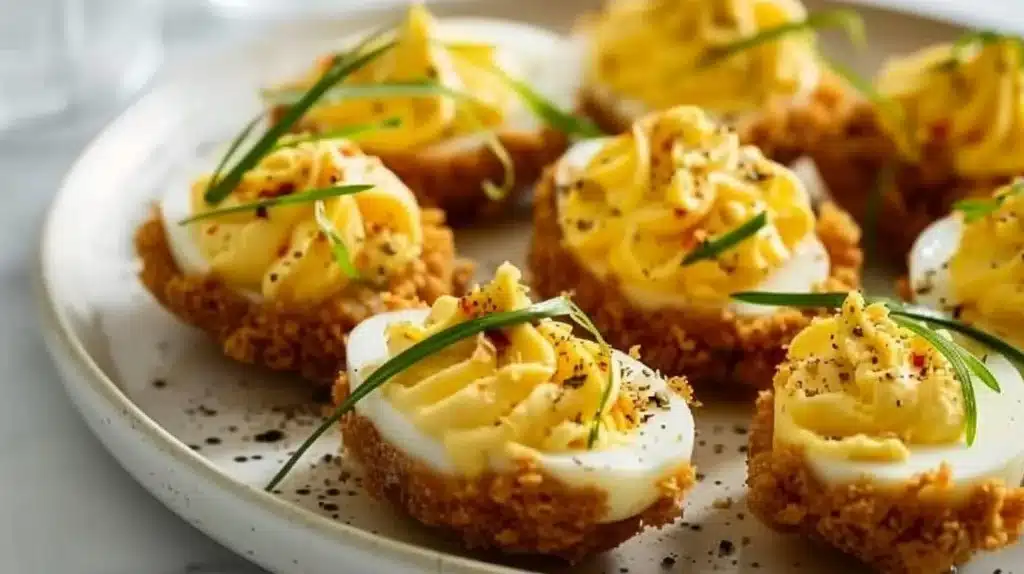 Air fryer deviled eggs served on a platter, ready to eat.