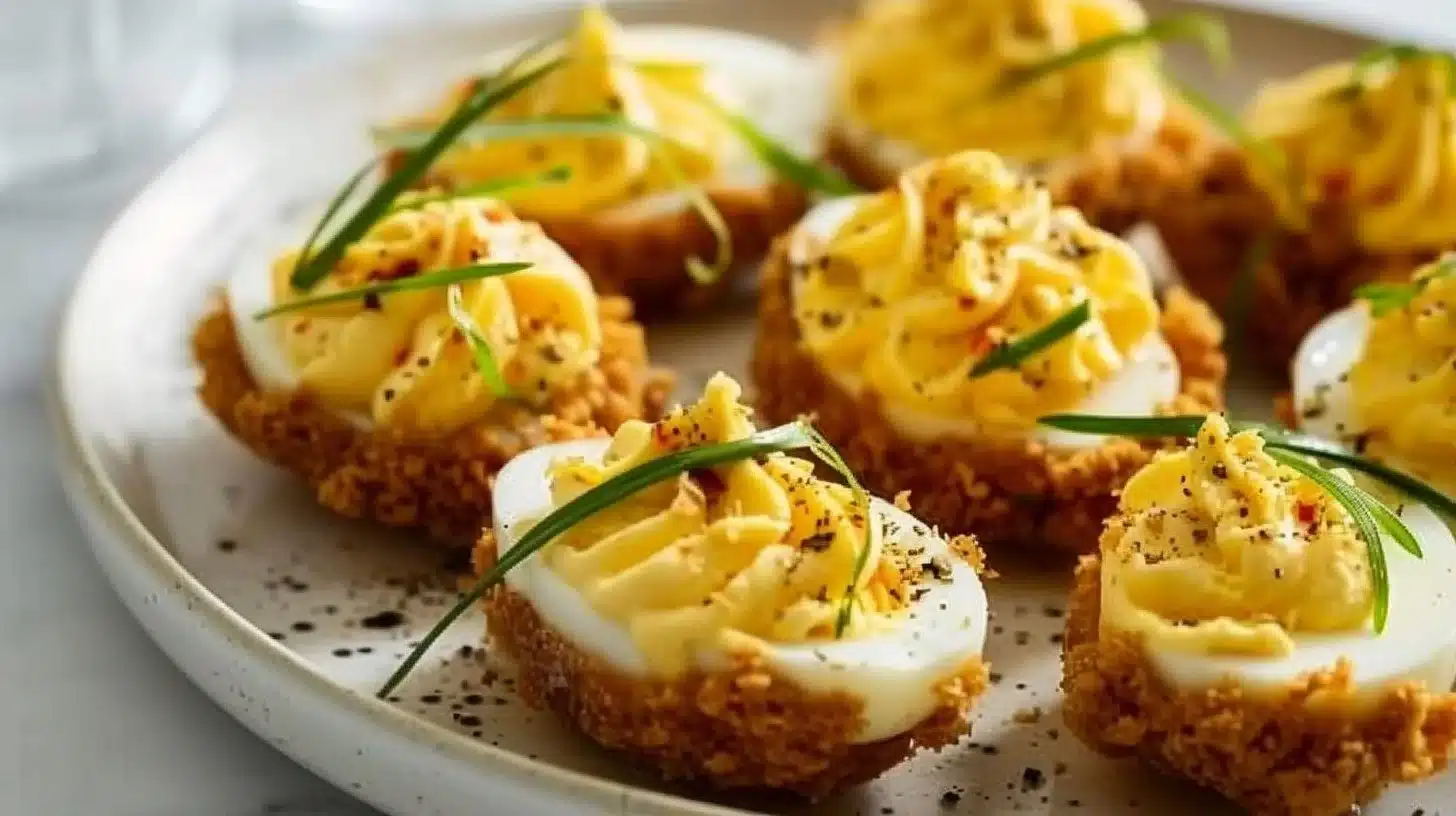 Air fryer deviled eggs served on a platter, ready to eat.