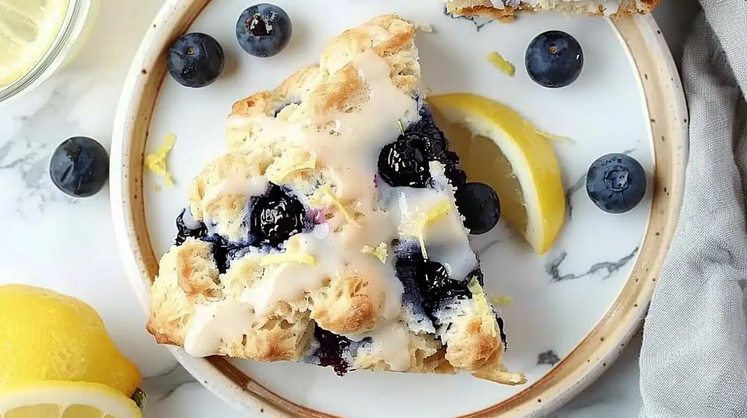 Almond Flour Lemon Blueberry Scones on a plate with fresh blueberries