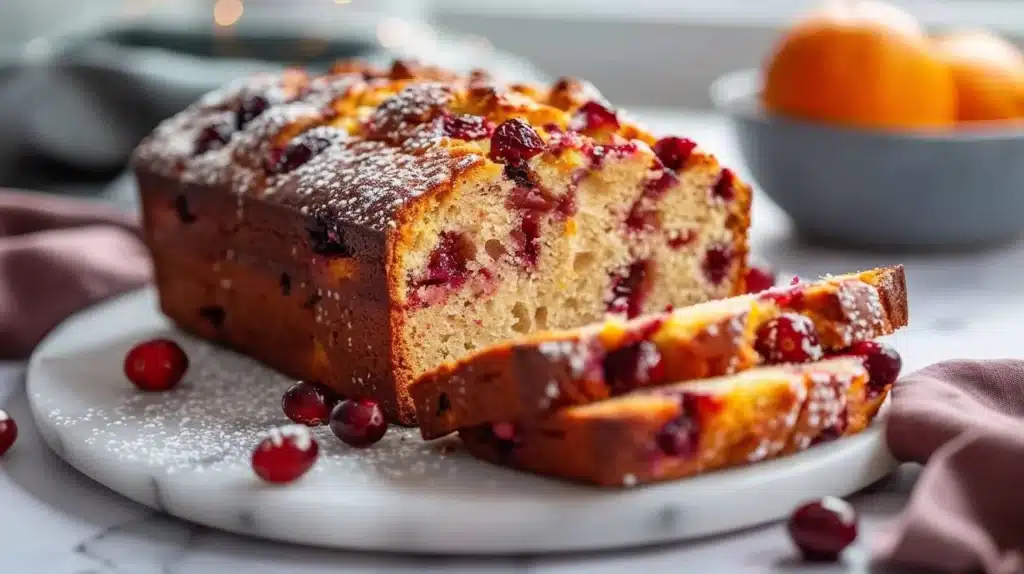 Freshly baked cranberry orange bread with cranberries and orange zest
