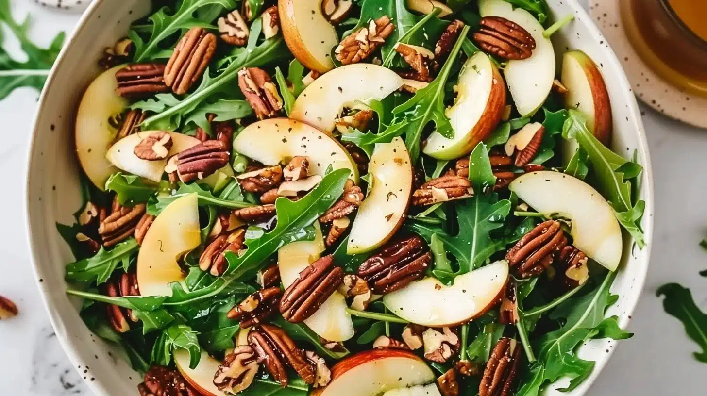 Apple Arugula Salad topped with Maple Pecans for a flavorful and healthy meal.