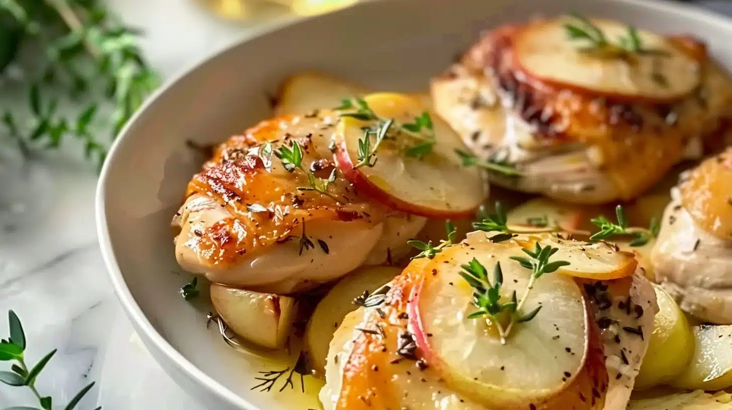Apple and brie stuffed chicken dish served on a plate