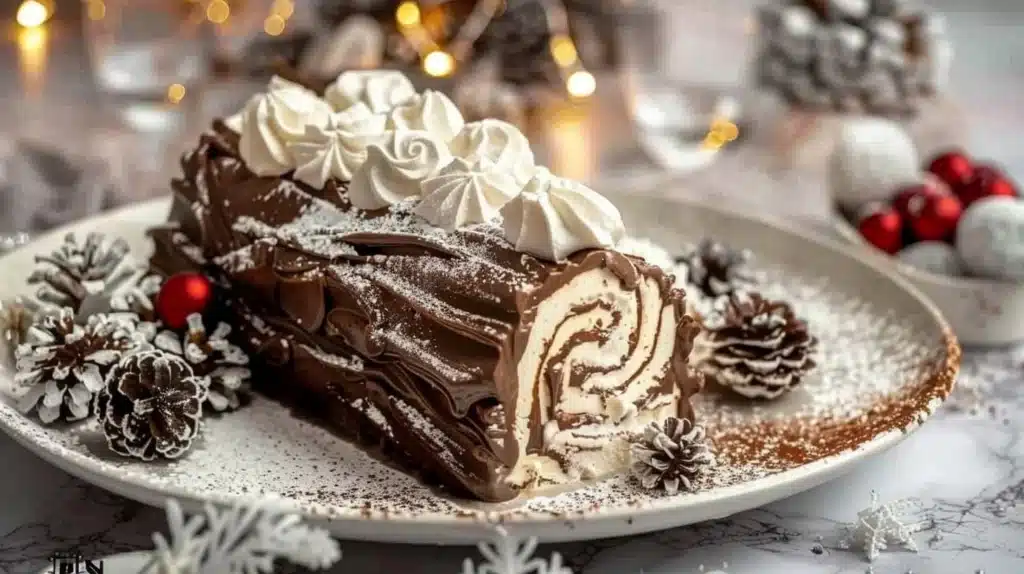 Delicious Baileys Cream Yule Log dessert on a festive table