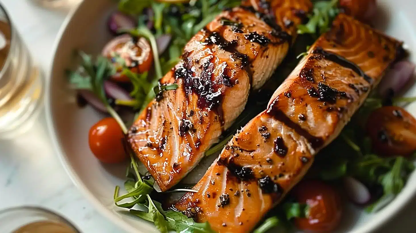 Balsamic glazed salmon served on a plate with vegetables