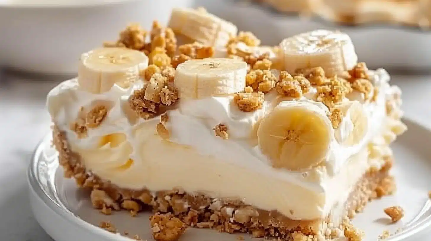 Delicious Banana Pudding Crunch Cheesecake topped with whipped cream and banana slices