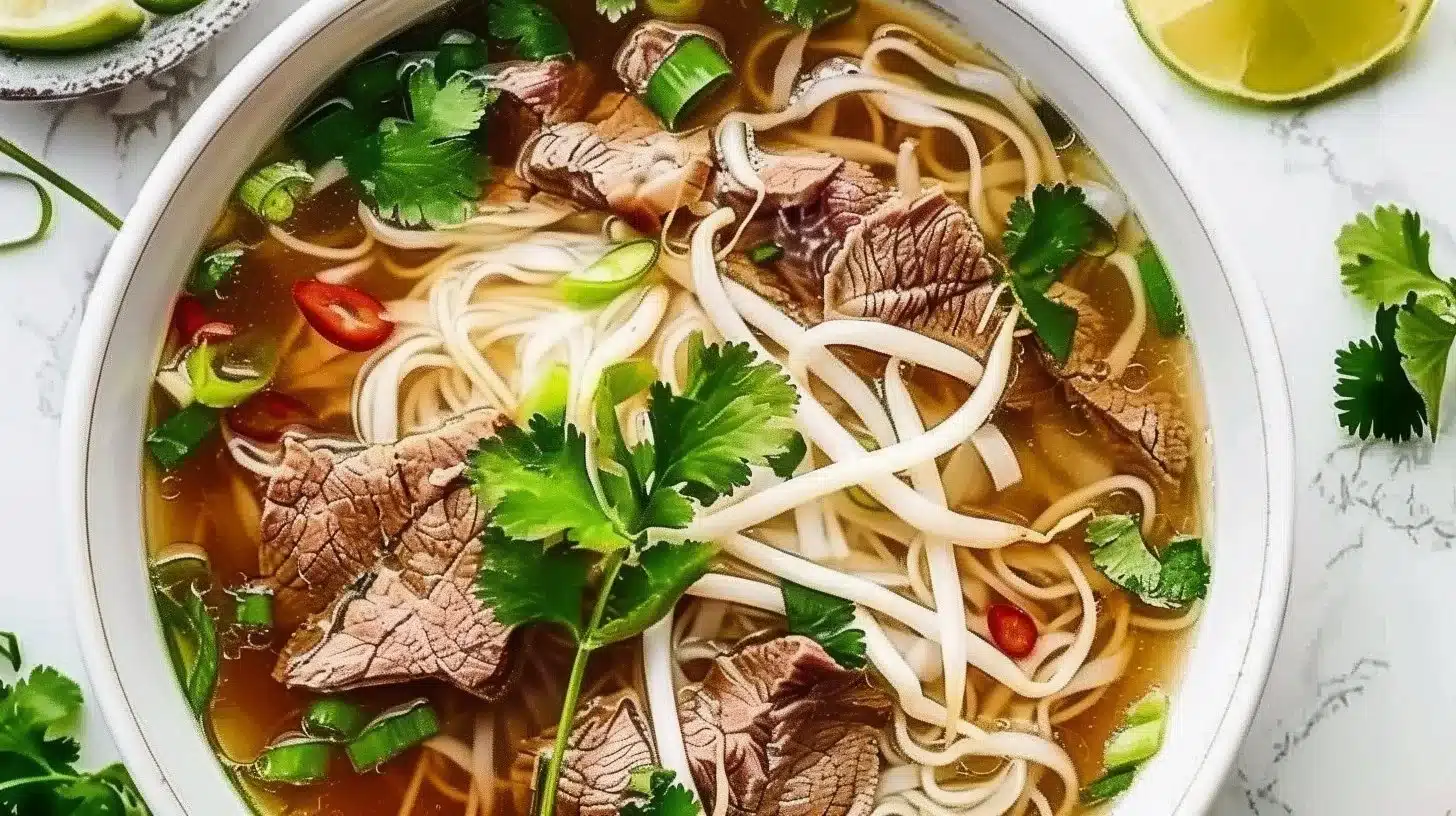 Bowl of flavorful Beef Pho garnished with fresh herbs and lime