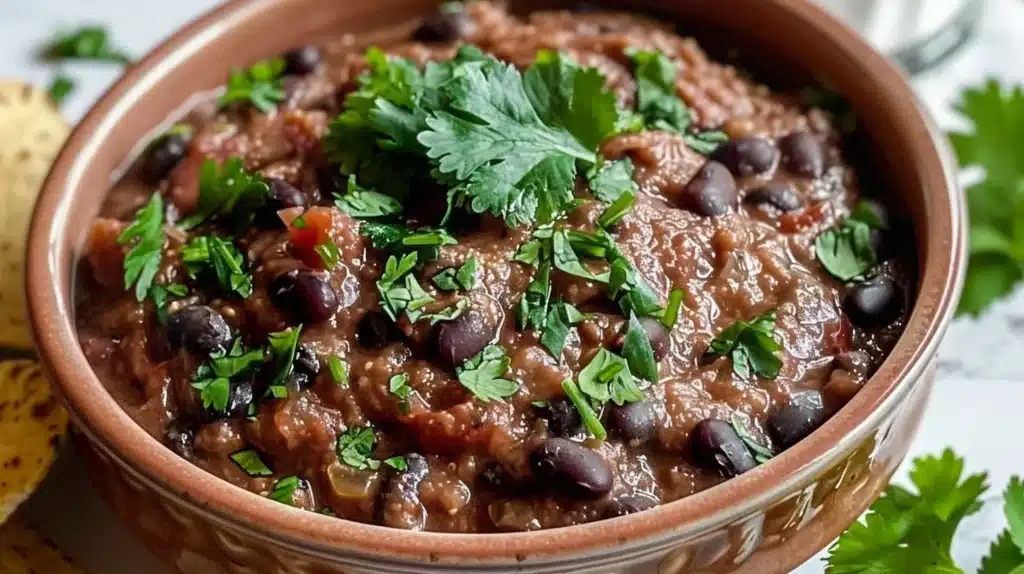 Delicious spicy black bean dip served in a bowl with tortilla chips.