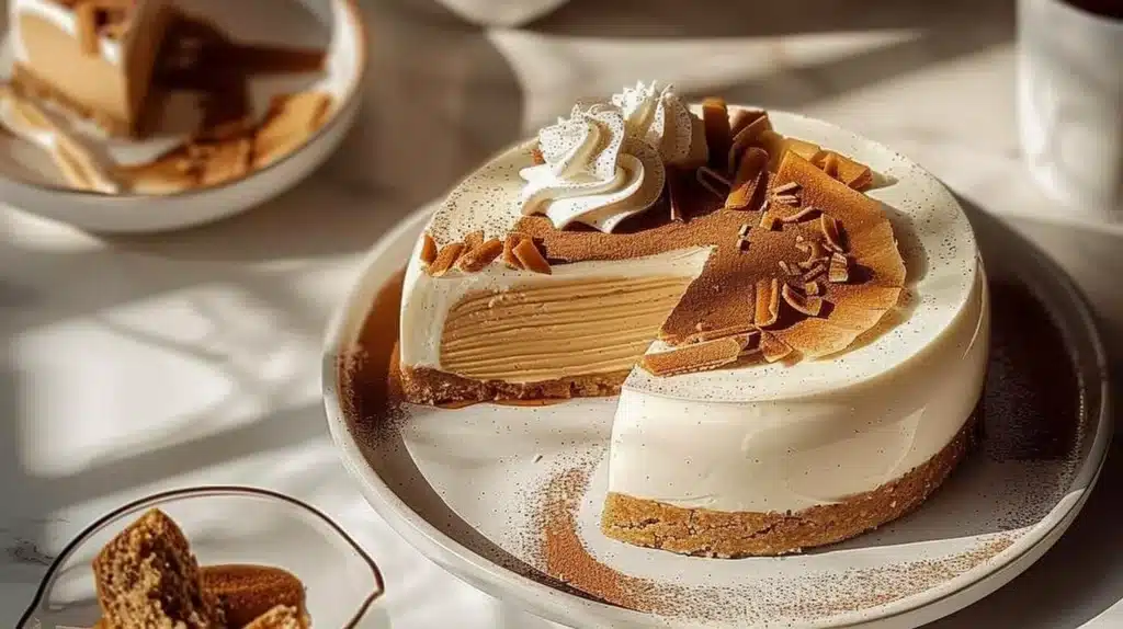 Delicious Biscoff Coffee Cheesecake topped with crushed Biscoff cookies.