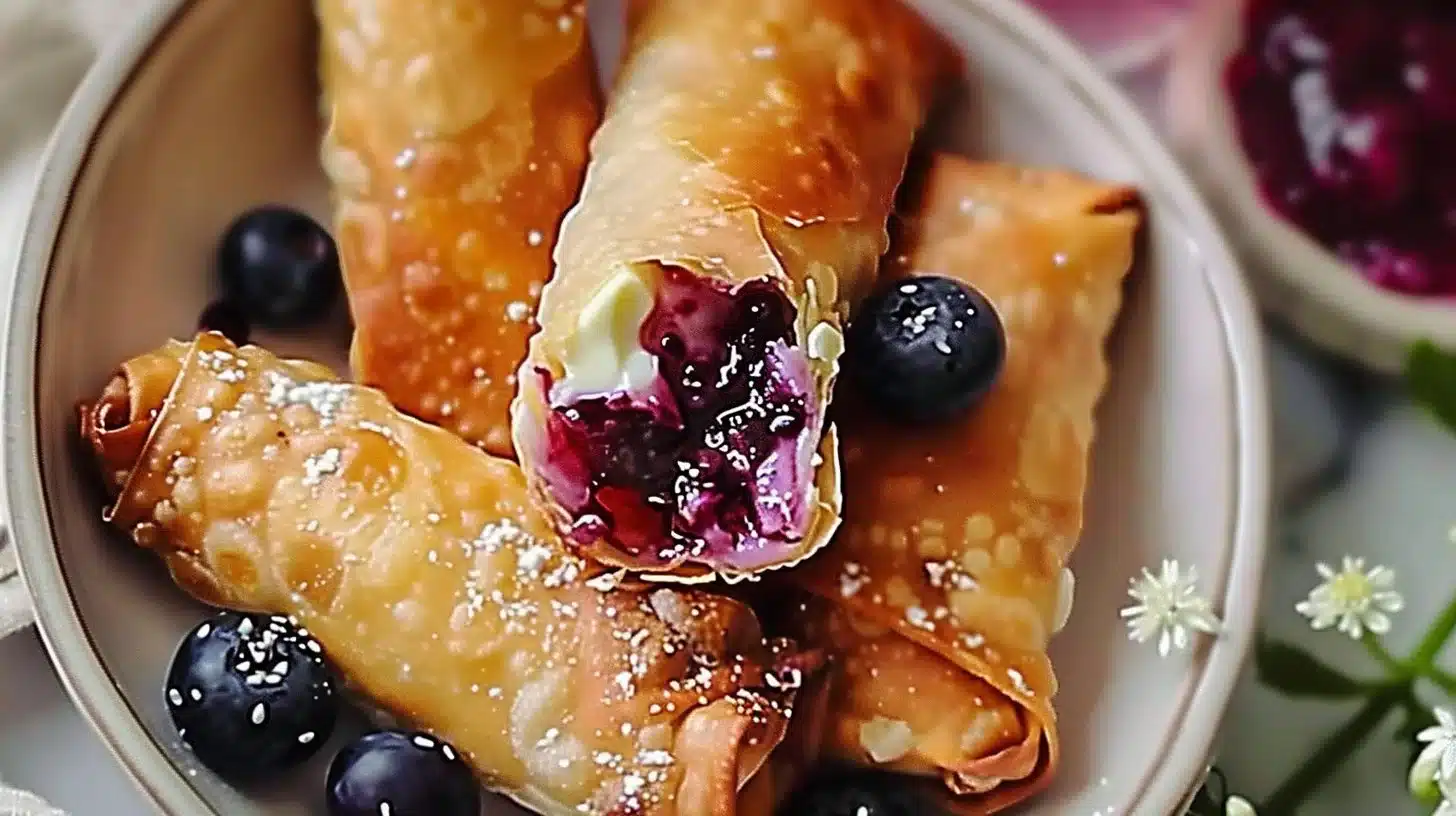 Blueberry cream cheese egg rolls served with dipping sauce on a plate
