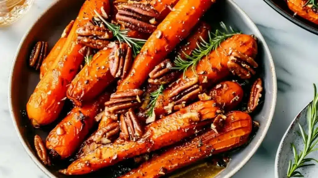 Plate of brown butter roasted carrots with pecans garnish