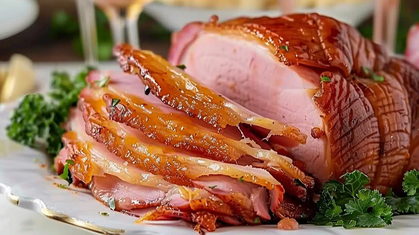 Delicious brown sugar glazed ham served on a festive table