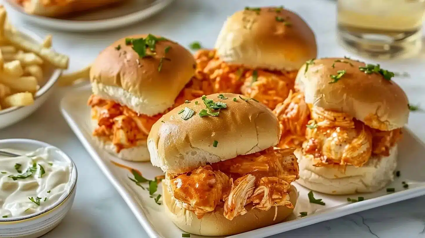 Buffalo Chicken Sliders served on a plate with garnishes
