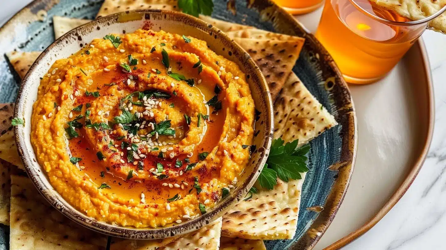Carrot hummus served with za'atar pita chips on a rustic table