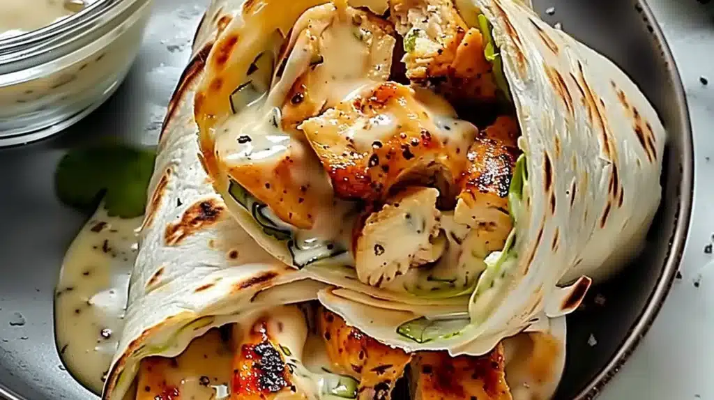 Cheesy garlic chicken wraps filled with fresh ingredients and melted cheese.
