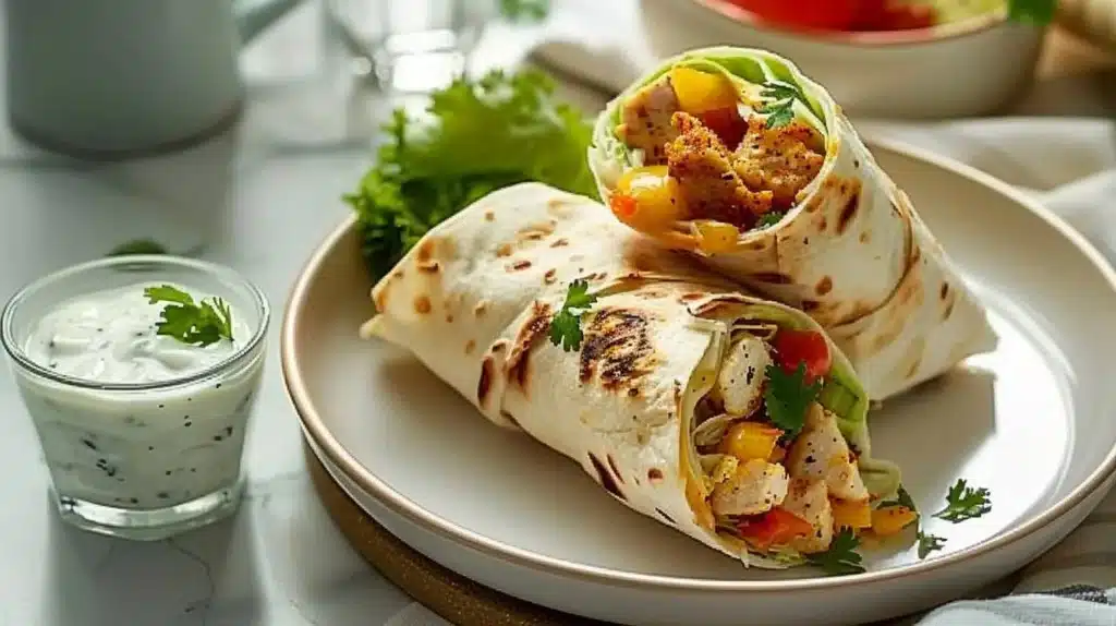Cheesy Garlic Chicken Wraps ready to serve with melted cheese and garlic sauce