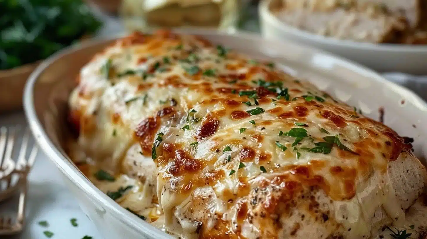 Cheesy Garlic Parmesan Chicken Loaf served on a wooden cutting board