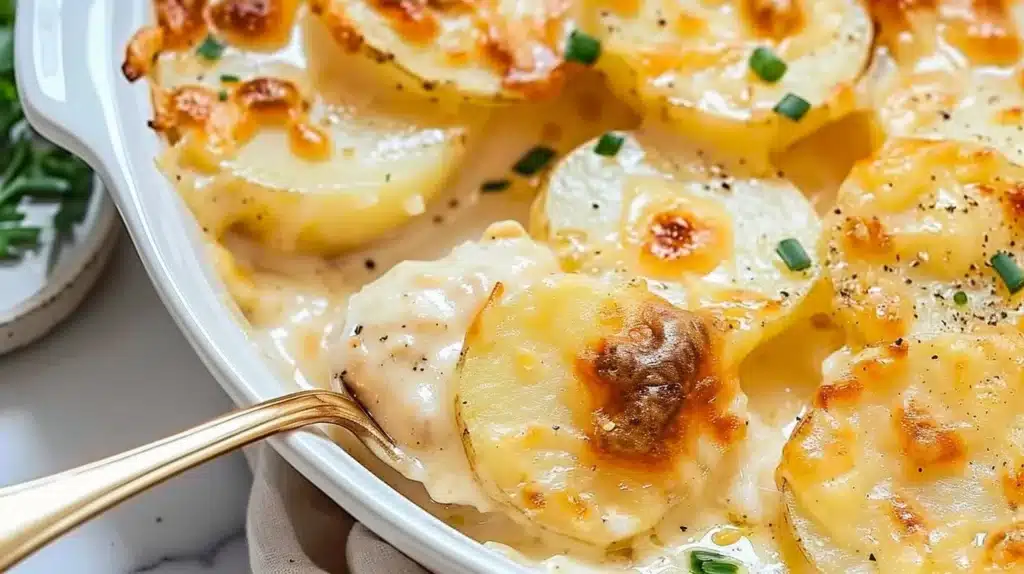 Delicious cheesy scalloped potatoes served in a baking dish