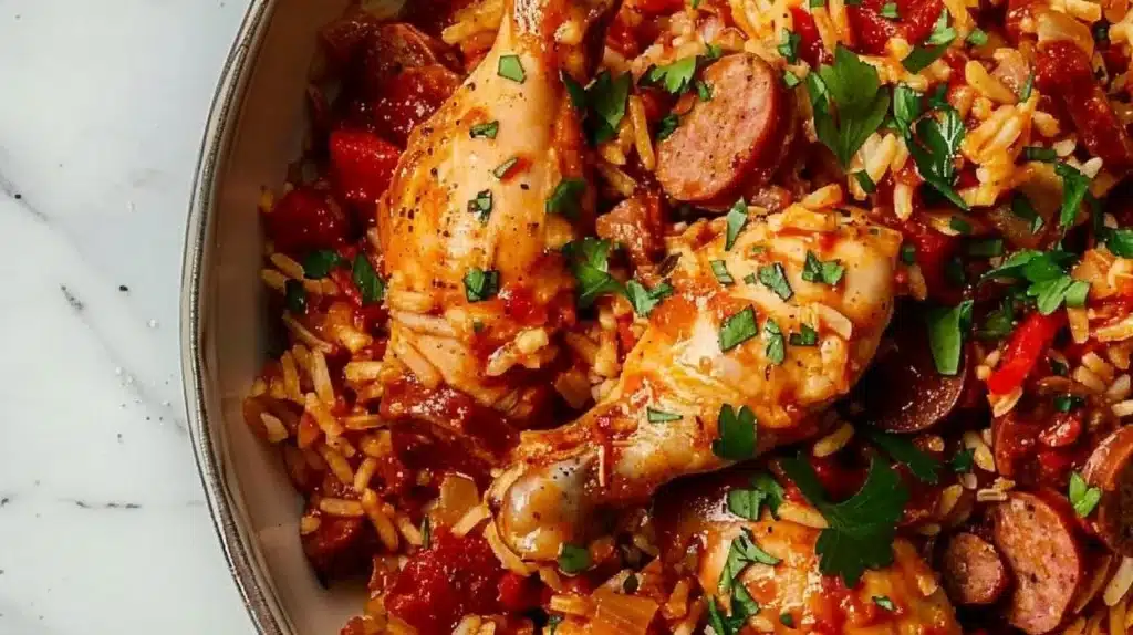 Delicious Chicken and Sausage Jambalaya served in a bowl, garnished with fresh herbs.