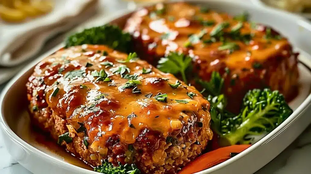 Juicy Chicken Meatloaf served with vegetables on a plate