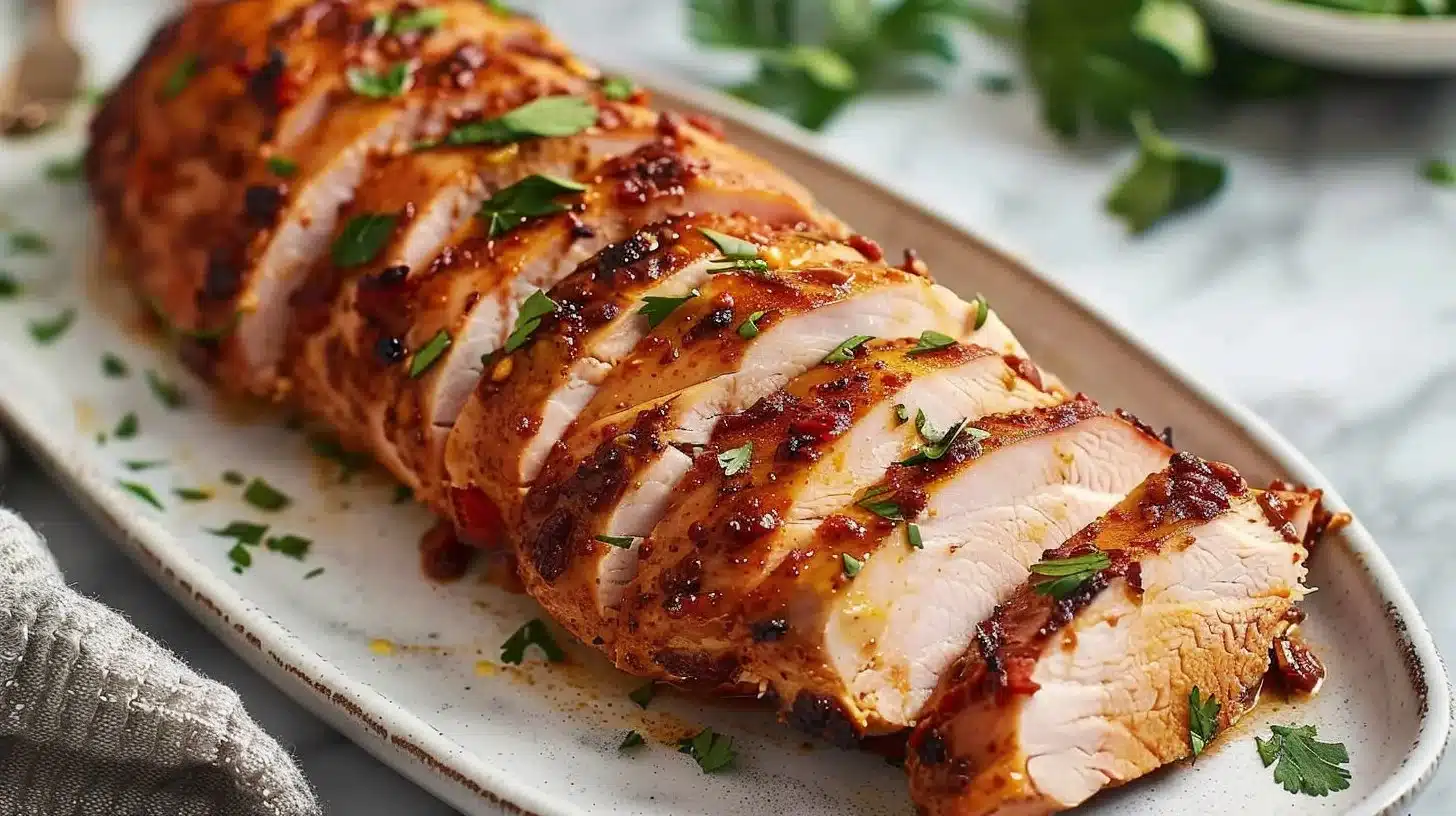 Chipotle Baked Turkey Tenderloin served on a plate with fresh herbs