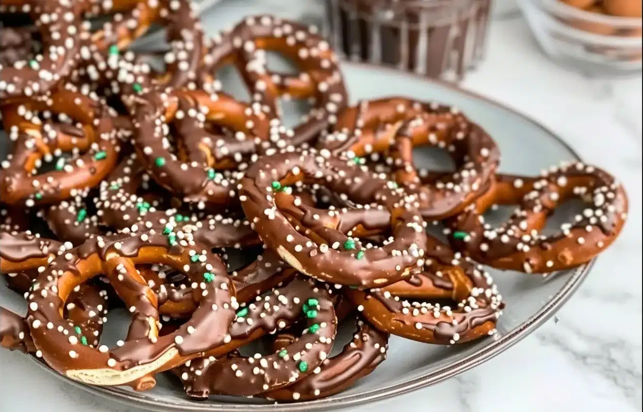 Delicious chocolate-dipped pretzels arranged on a plate