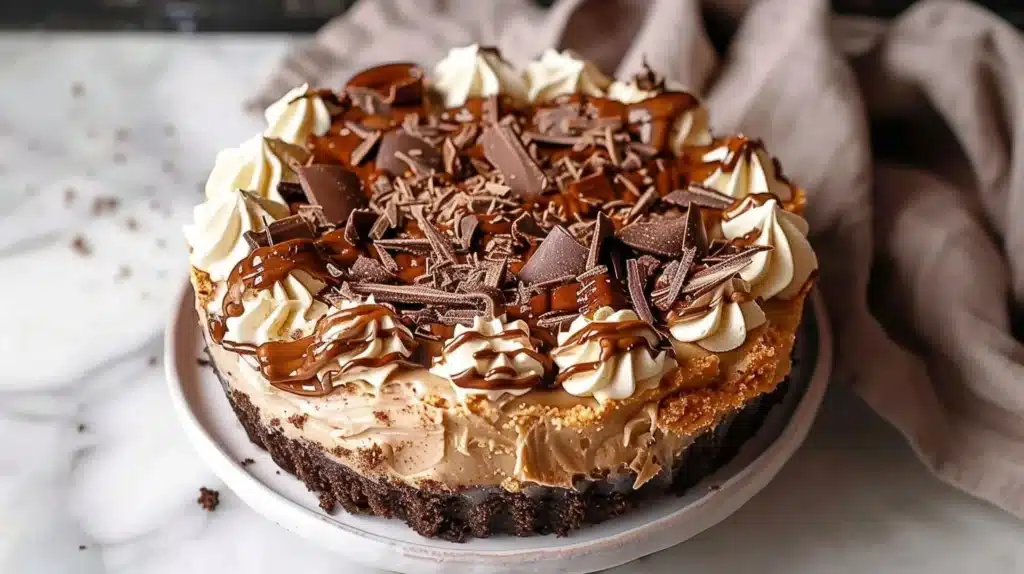 Delicious Chocolate Peanut Butter Pie topped with whipped cream and chocolate drizzle