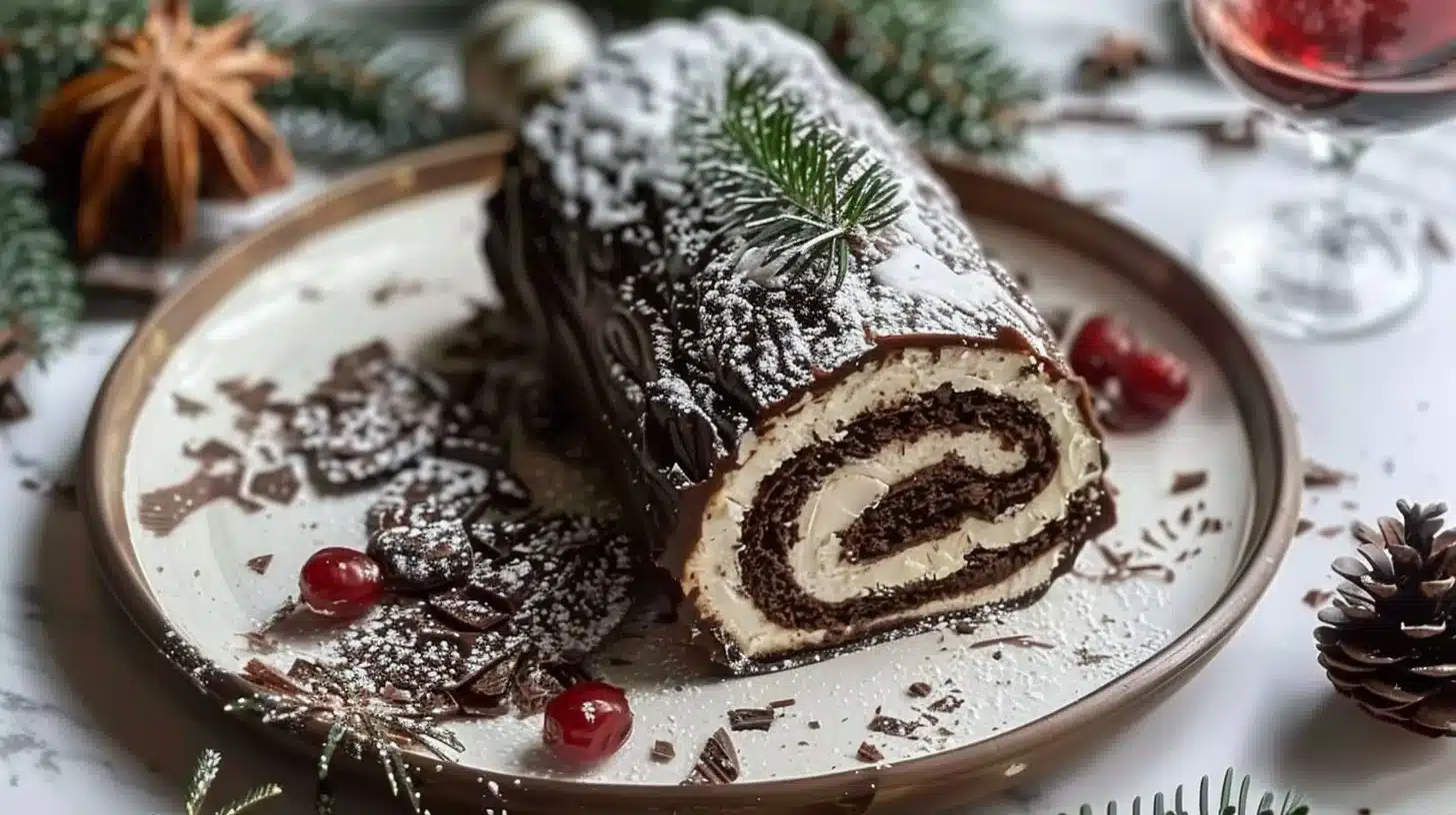 A delicious Chocolate Yule Log dessert decorated with chocolate shavings and festive accents.