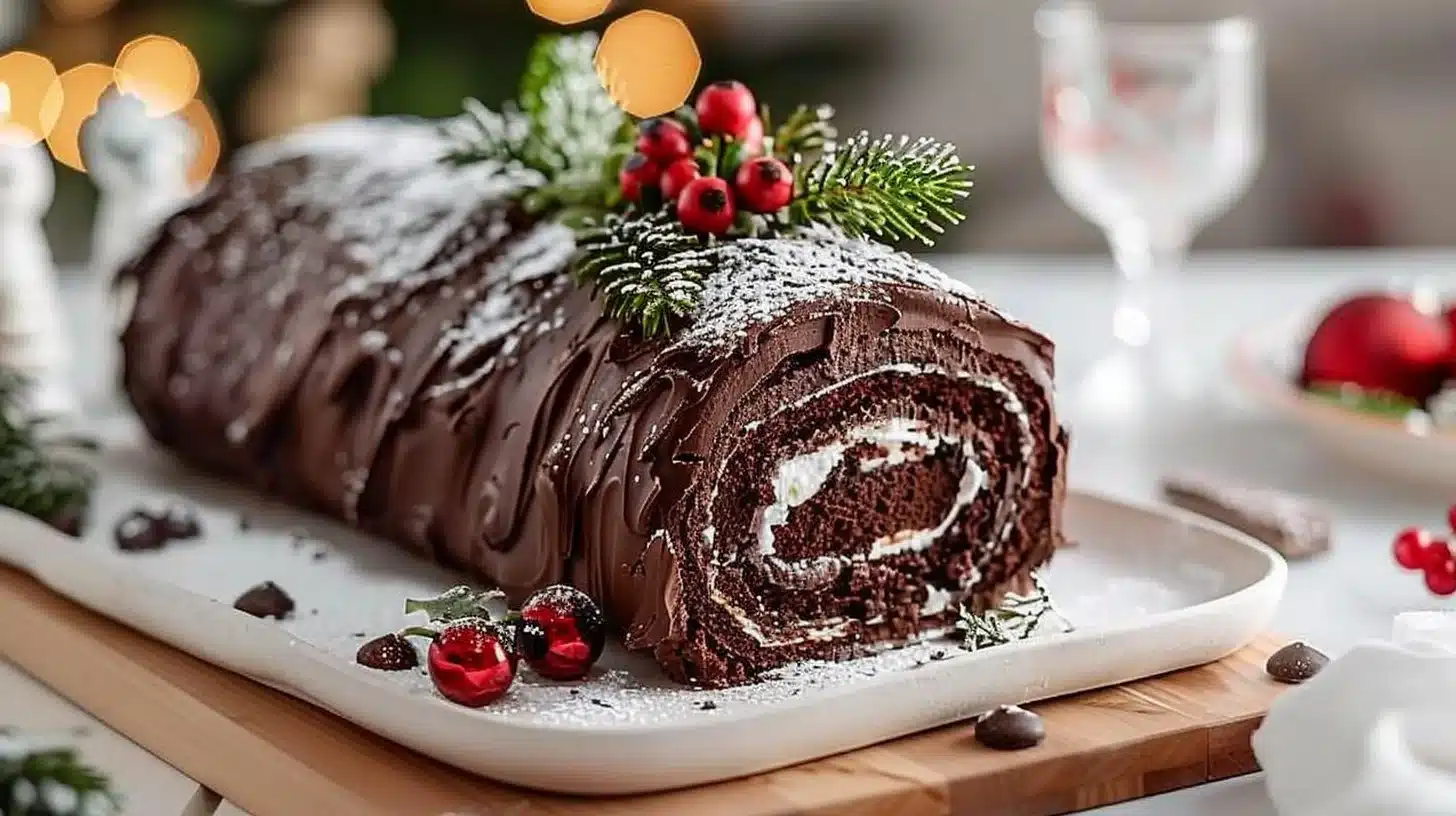 Deliciously decorated Chocolate Yule Log for Christmas dessert