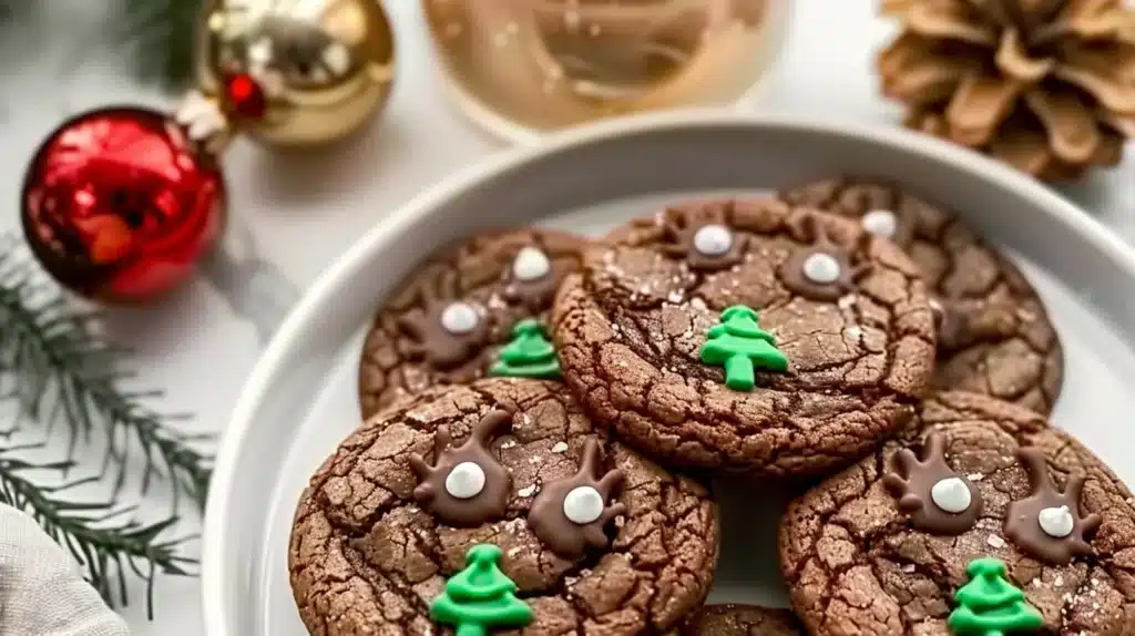 Chocolatey reindeer cookies decorated for the holiday season