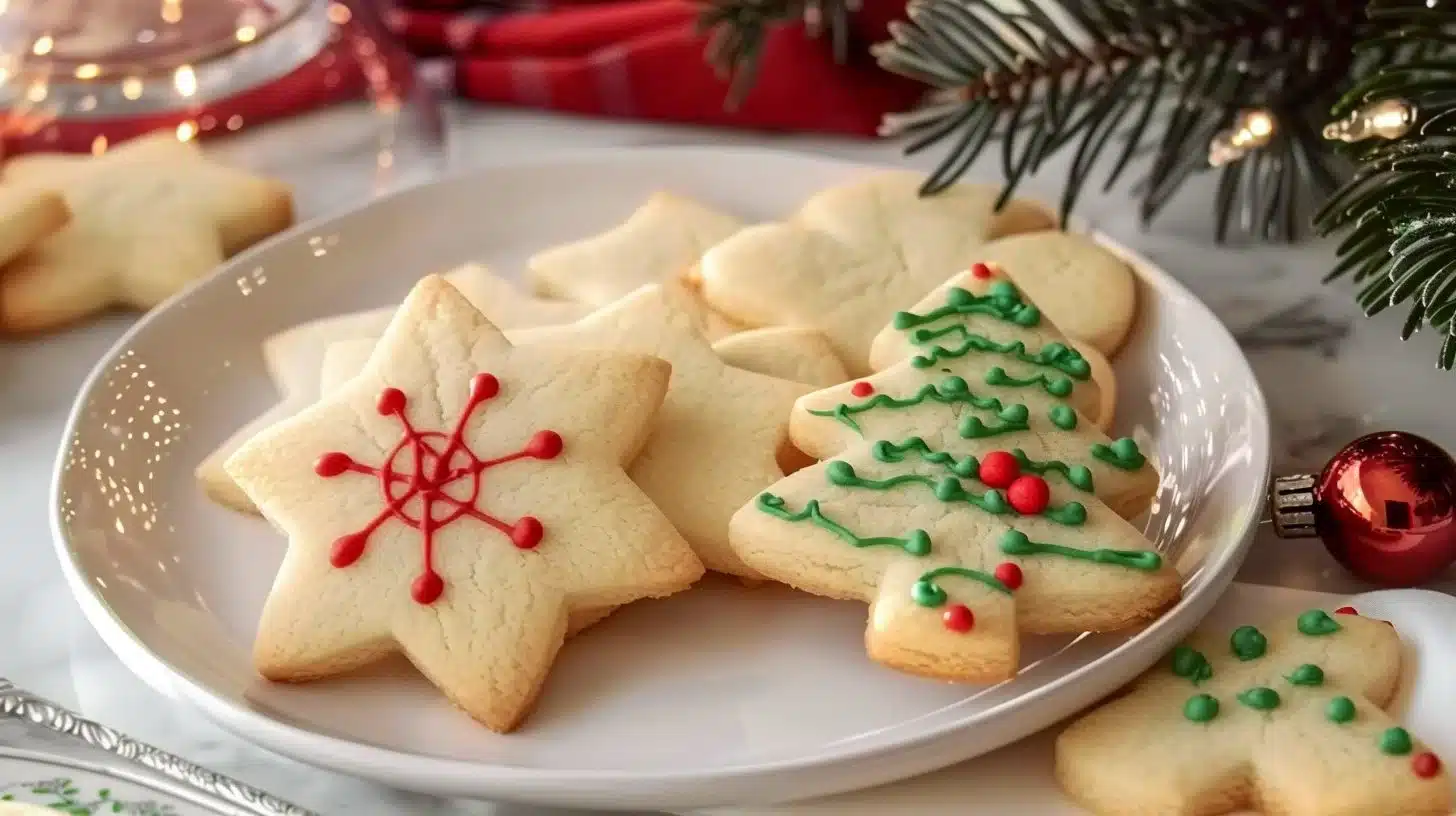 Decorated Christmas cut-out sugar cookies on a festive plate