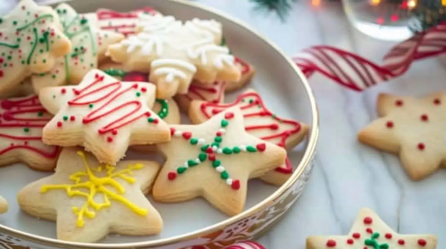 Decorated Christmas cut-out sugar cookies on a festive platter.