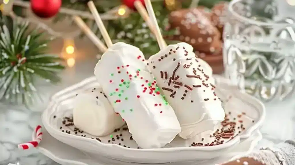Festive Christmas marshmallow pops decorated for the holiday season