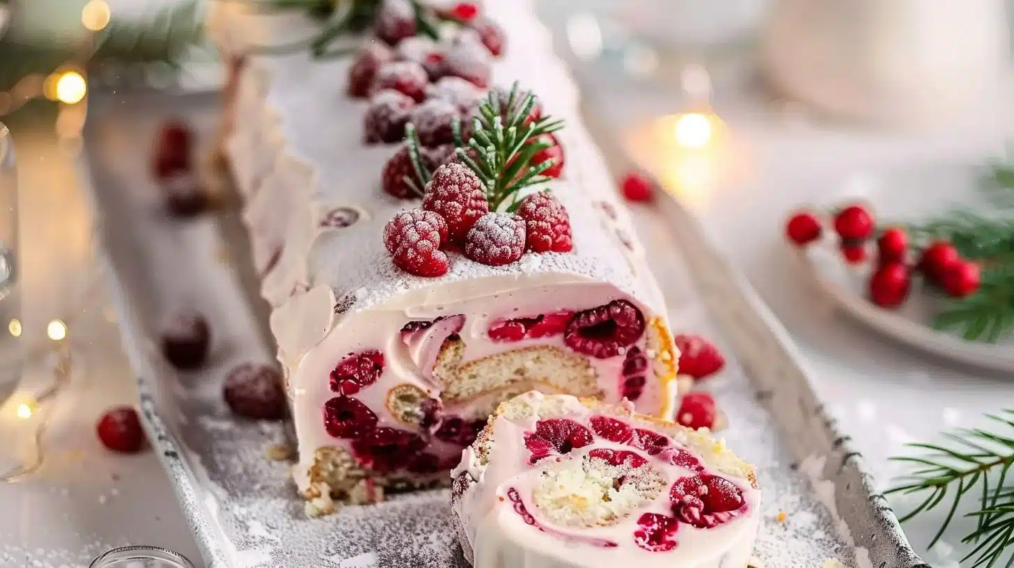 Deliciously decorated Christmas raspberry cake roll on a festive plate