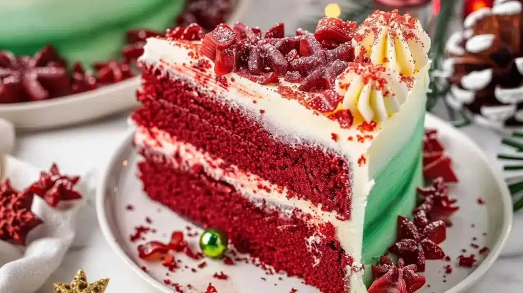 Christmas Red Velvet Poke Cake topped with cream cheese frosting and festive decorations