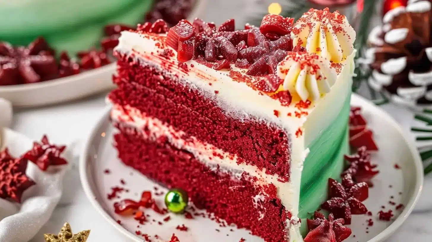 Christmas Red Velvet Poke Cake topped with cream cheese frosting and festive decorations