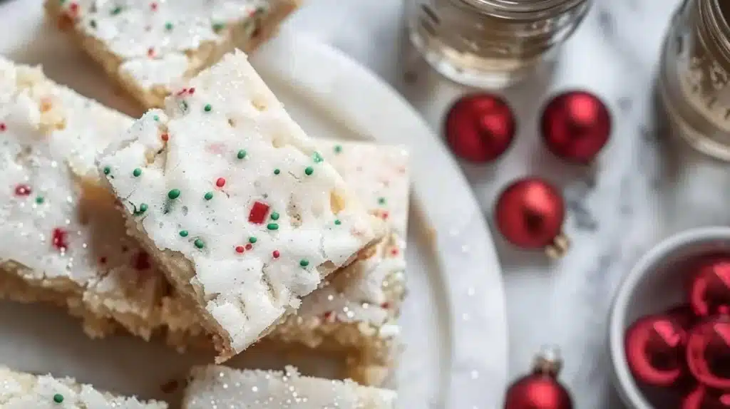 Delicious Christmas sugar cookie bars topped with colorful sprinkles.