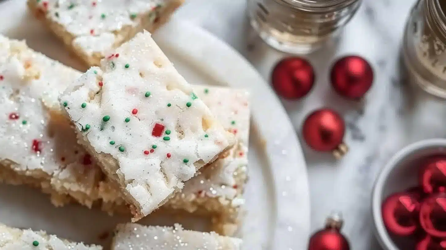 Delicious Christmas sugar cookie bars topped with colorful sprinkles.