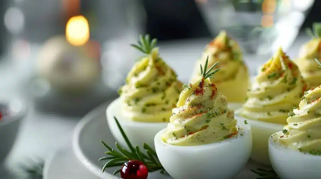 Festively decorated Christmas Tree Deviled Eggs served on a platter