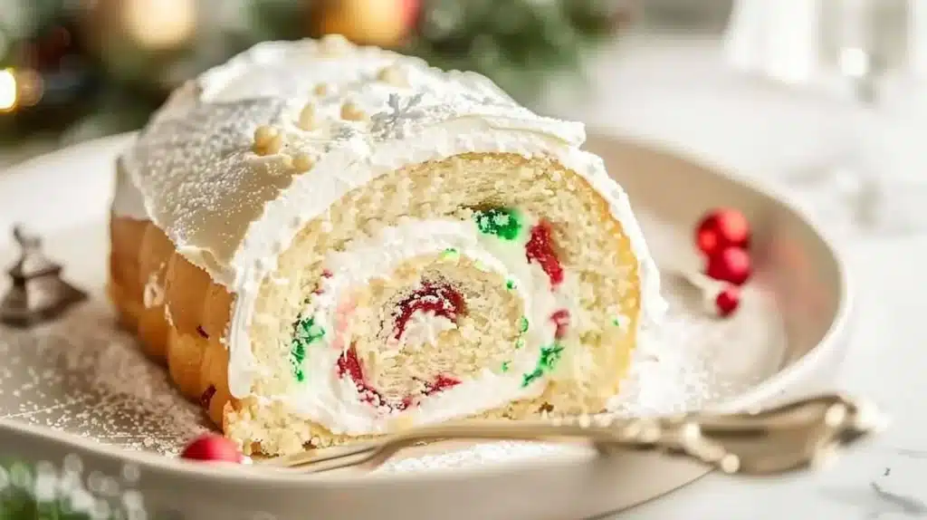 Christmas Vanilla Roll Cake beautifully decorated for festive celebrations.