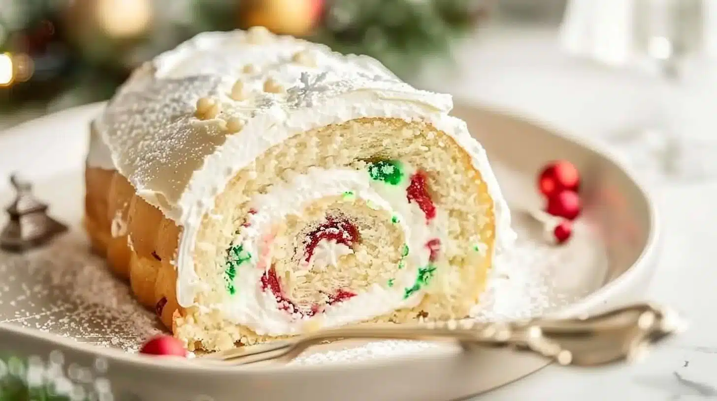 Christmas Vanilla Roll Cake beautifully decorated for festive celebrations.