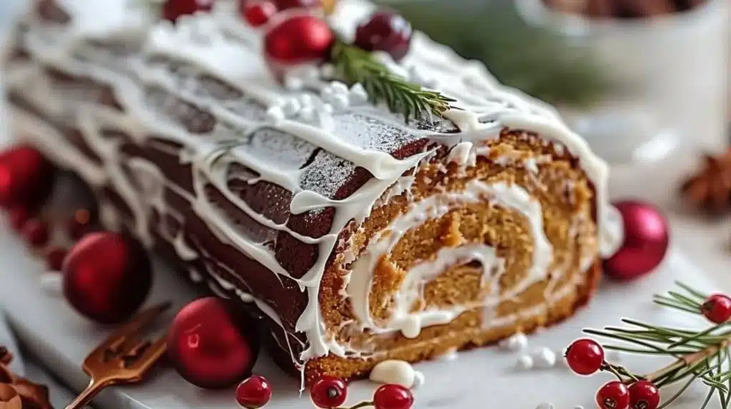 Classic Gingerbread Yule Log Cake decorated with festive icing and seasonal toppings.