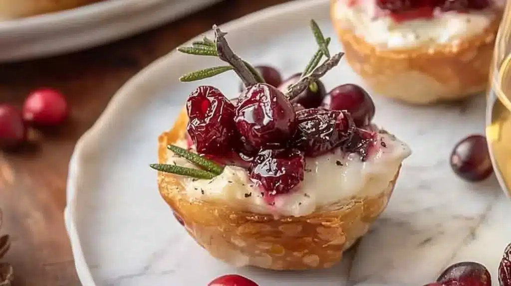 Savory cranberry brie bites on a festive serving platter.