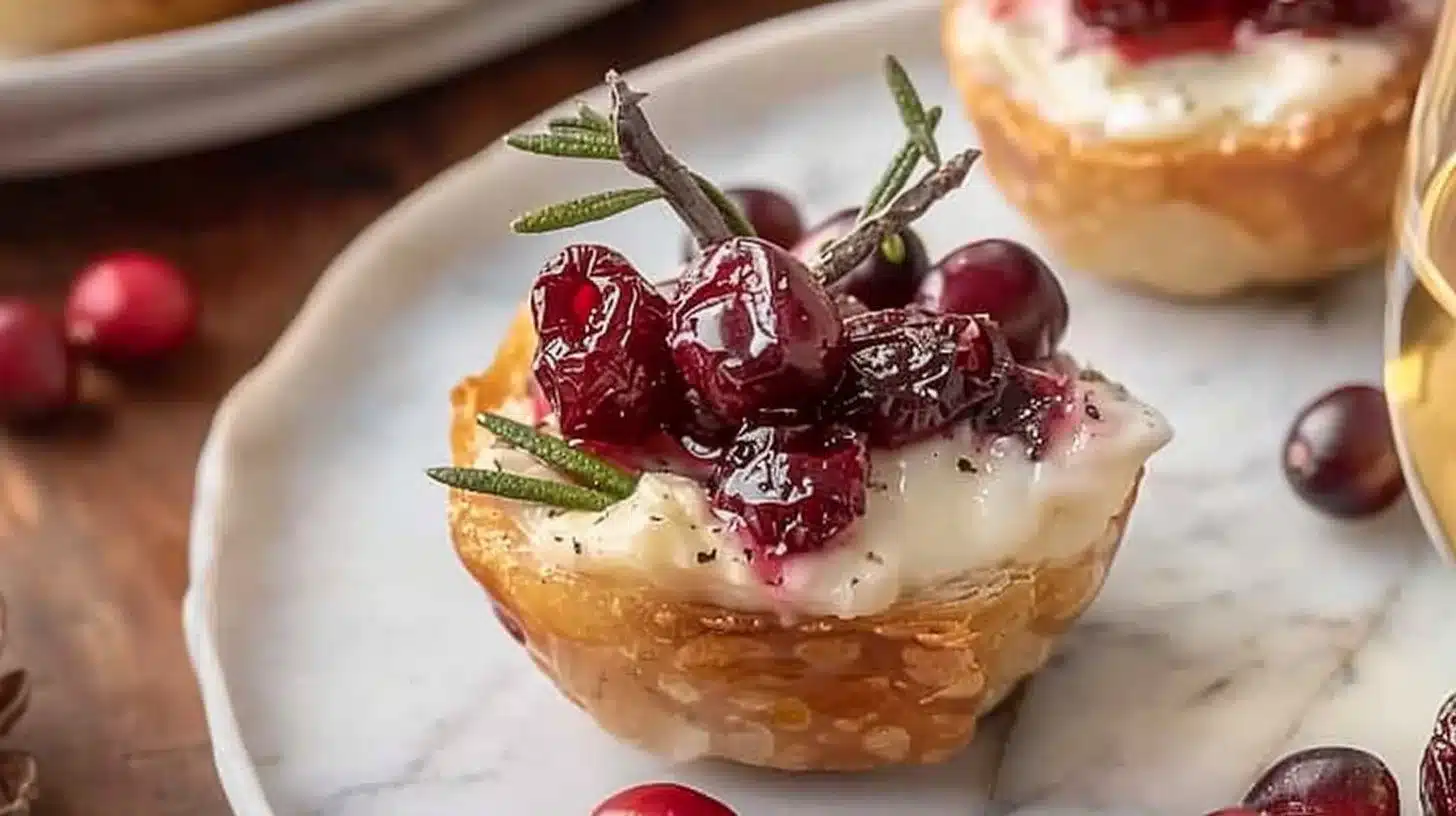 Savory cranberry brie bites on a festive serving platter.