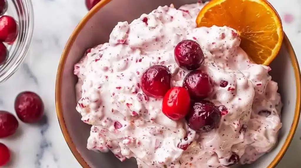 Bowl of cranberry fluff dessert topped with whipped cream and cranberries