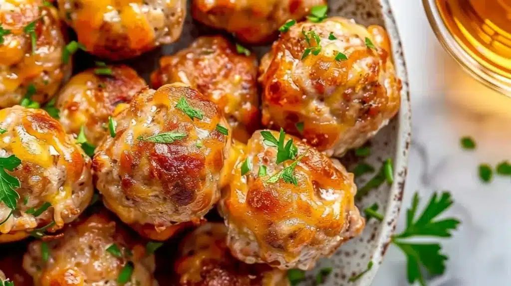 Plate of delicious cream cheese sausage balls ready to serve