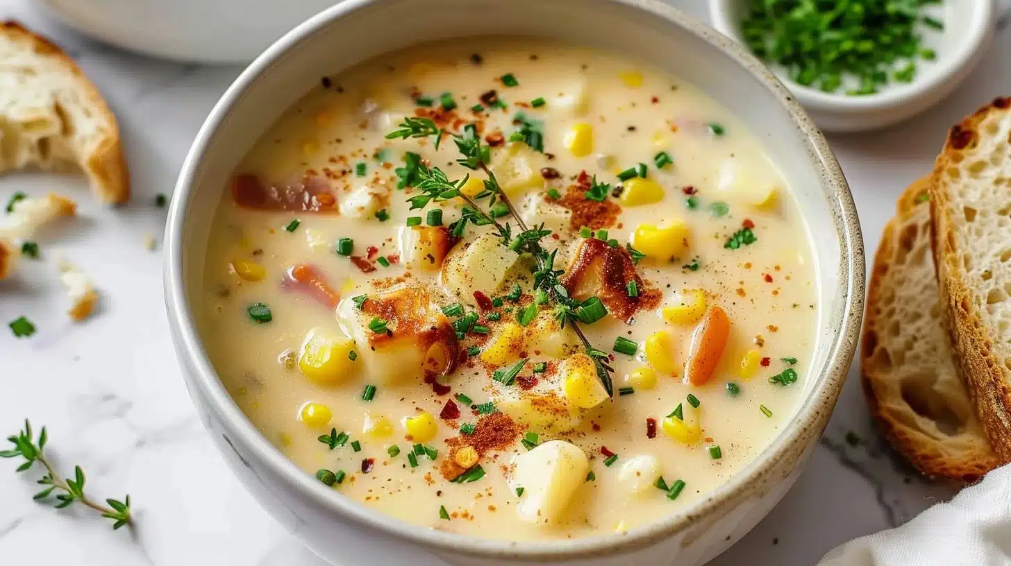 Bowl of creamy corn chowder garnished with herbs and served hot
